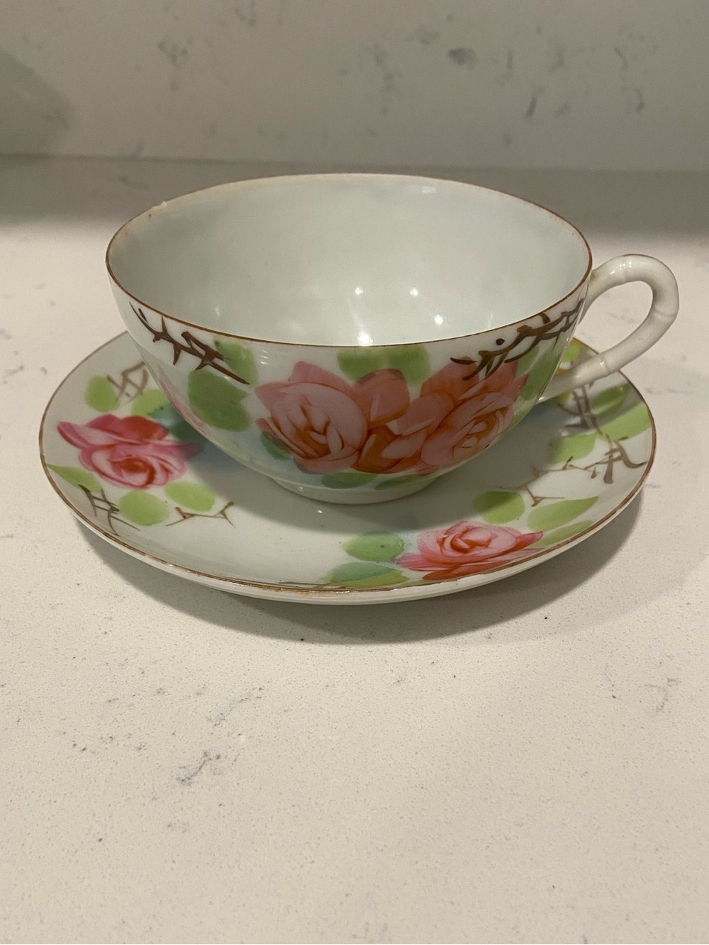Pre-Depression Era Porcelain Rose-Print Teacup and Saucer - Pink Floral